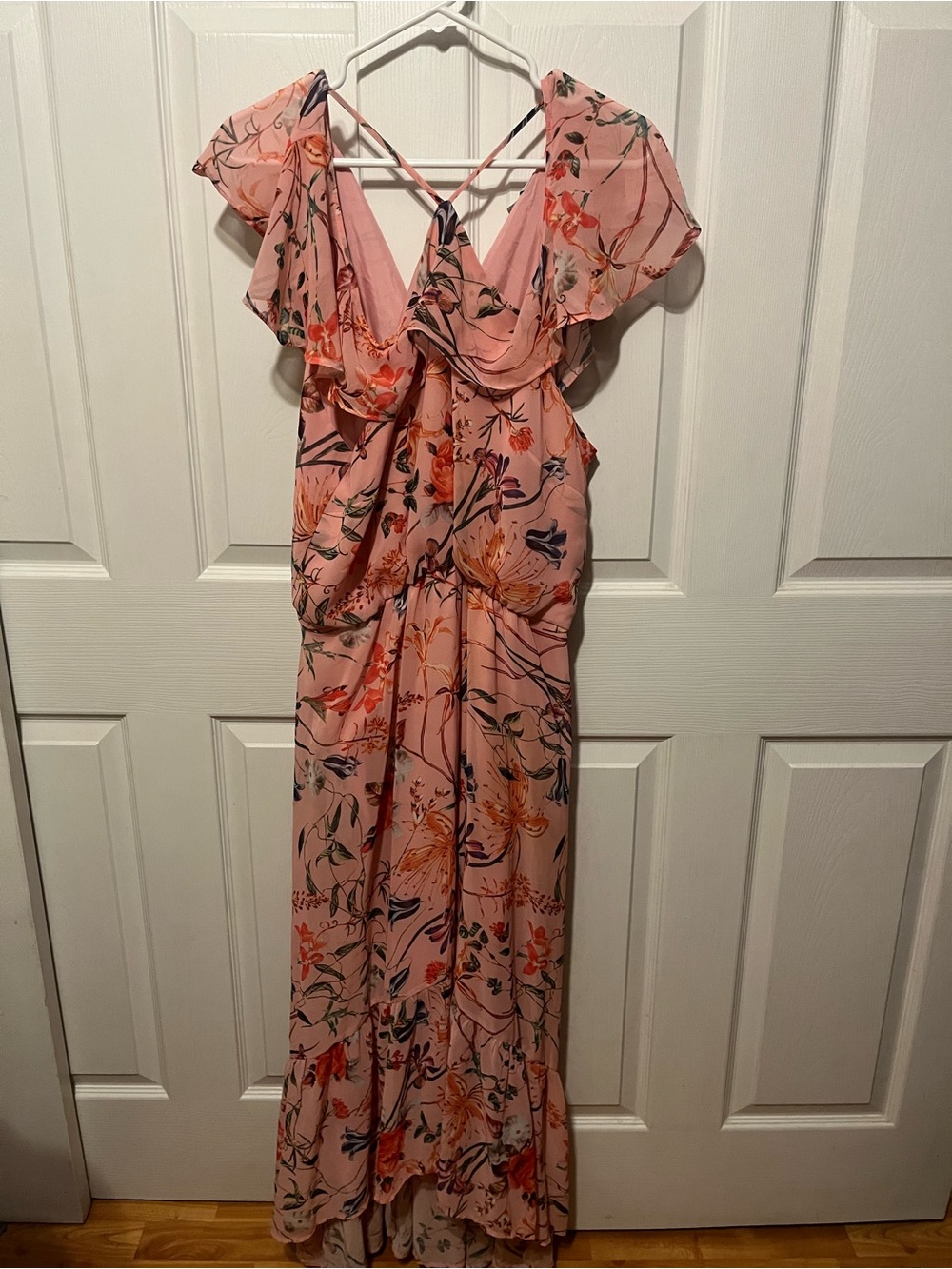 belle sky Pink Floral Flutter-Sleeve Maxi Dress